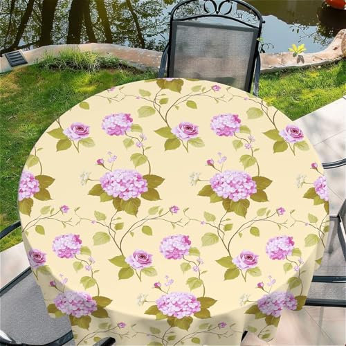 Round Tablecloth 48 In(120CM) Hydrangea Pattern Wipeable Table Cloth Cover for Garden Kitchen Dining Parties