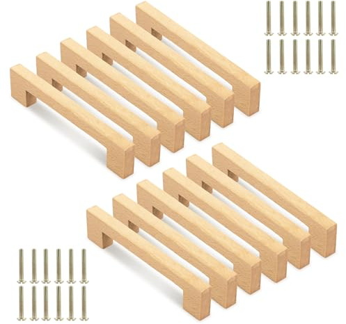 APACALI 12 Pack Wooden Drawer Handles, 128mm Hole Center Wooden Door Handles, Solid Wood Cabinet Handles with Screws, Square Wooden Handles for Cabinet Cupboard Door Drawer