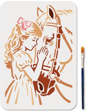 MAYJOYDIY Schüler Und Pferd Schablonen Wiederverwendbare Menschen Tieren Malvorlage 29.7×21cm Märchenpferd Zeichenvorlage Mit Pinsel Für Wand Möbel Papier Leinwand Scrapbooking Dekoration