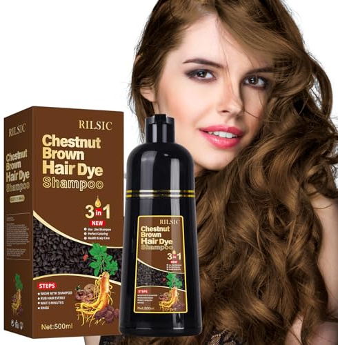 500ML Hair Dye Shampoo 3 en 1, Champú Tinte Pelo Negro, Champu tinte Canas, Champú Color Cabello Instantáneo, Shampoo Color Tinte Pelo en minutos, Champu tinte Cubre Canas Hombre Mujer (Castaño)