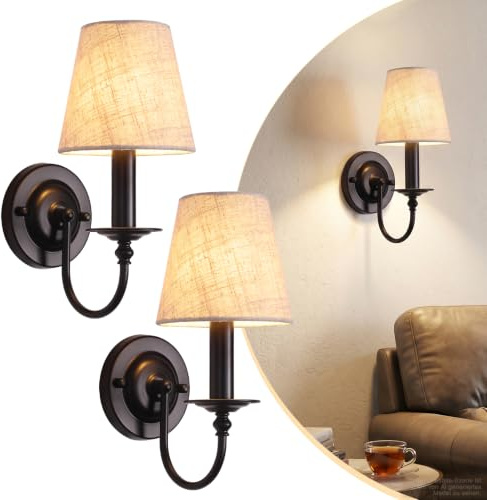 Schwarz Wandleuchte Innen, 2 Stück, Stoffschirm, Feste Verkabelung，E14 | für Wohnzimmer Schlafzimmer Flur Spiegel, Vintage, Zonenbeleuchtung，MAX 60W, Kerzenform, Sanftes Licht
