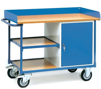 Fetra Transportgeräte bbod435 Werkbank mit 2 Einlegeböden und 1 Schrank, 160 mm Rollen Durchmesser, 1120 mm x 650 mm Plattform, 1220 mm Länge x 650 mm Breite x 930 mm Höhe