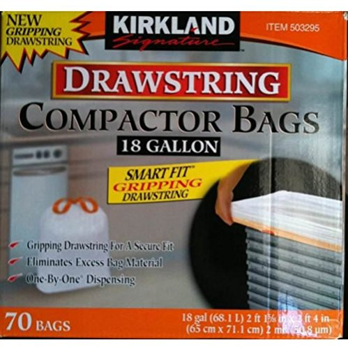 Kirkland Signature Made in USA Heavy Duty Compactor & Kitchen Drawstring Bags,18 Gallon, 70 ct,Thickness: 2.0 mil,Dimensions: 25.625 x 28