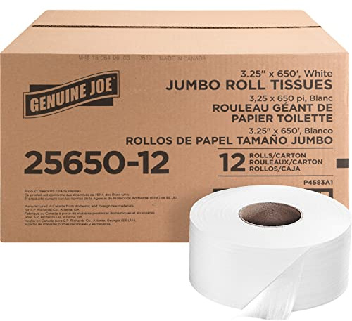Genuine Joe Jumbo Roll Bath Tissue - 2-Ply White Toilet Paper, 3.3 x 650' per Roll, 12 Count Bulk Pack, Recycled Fiber, Commercial Grade for Dispensers
