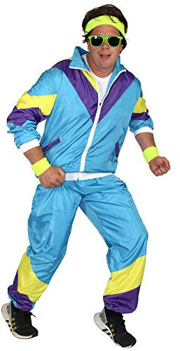 Foxxeo 80er Jahre Kostüm für Herren - türkis gelb lila - Trainingsanzug Fasching Karneval Motto-Party, Größe:M
