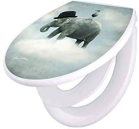 banjado Familien WC Sitz mit Absenkautomatik 44,5x37cm / Klodeckel/Klobrille mit Kindersitz aus hochwertigem Polypropylen/Toilettensitz Kindersitz integriert Motiv Elefant und Möwe