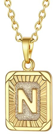 FOCALOOK Damen Collier 18k vergoldet Anfangsbuchstabe N mit 55cm verstellbar Rolokette Rechteck Initiale Anhänger Halskette für Mädchen für Weihnachten