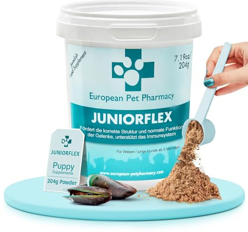 European Pet Pharmacy JUNIORFLEX 204 g Grünlippmuschelpulver für Hunde & Welpen - Nahrungsergänzungsmittel Hund und Katze mit Glucosamin Chondroitin und Vitamin C - Gelenkskomplex 4-18 Monate