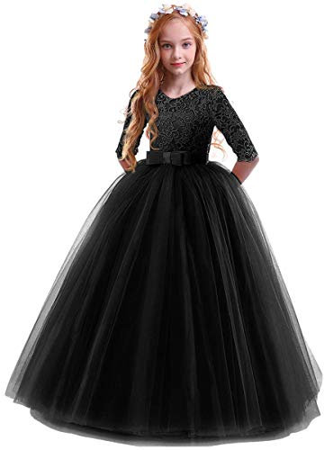 Flower Girls Lace 3/4 Sleeve Dress Wedding Bridesmaid First Communion Evening Party Floor Length Dress Kids Princess Pageant Birthday Prom Carnival Christmas Ball Gown Black 11-12 Years