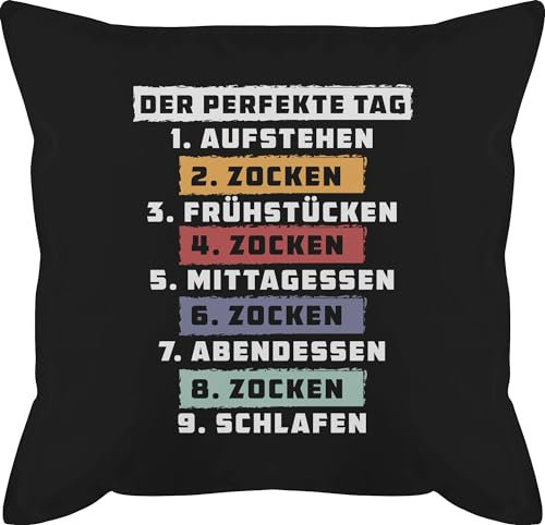 Kissen 50x50 - Statement mit Sprüchen - Der perfekte Tag - Zocken - Weiß - 50 x 50 cm - Schwarz - gamerkissen Kissenbezug Spruch sprüche Game männerkissen zockerkissen und fuellung spruechen