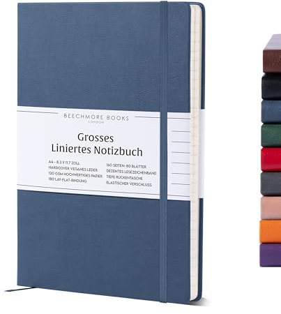 Beechmore Books Notizbuch liniert - XL A4, Blau I Premium Hardcover Journal Buch aus veganem Leder, 120gsm creme Papier, Geschenkbox, für Schriftsteller, Journalisten, Meetings & Studenten