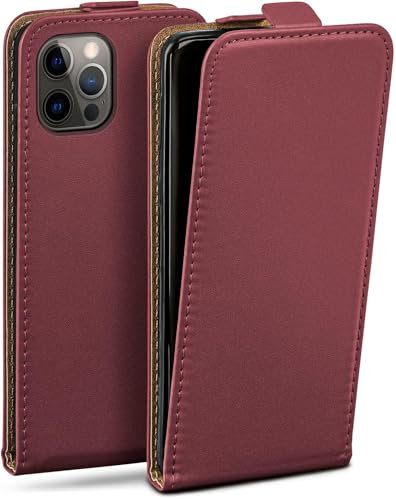 moex Flip Case für iPhone 12/12 Pro Hülle klappbar mit 360 Grad Schutz, Handyhülle mit Displayschutz, PU Leder Handytasche Lederhülle, Flip Case Cover Klapphülle, Weinrot
