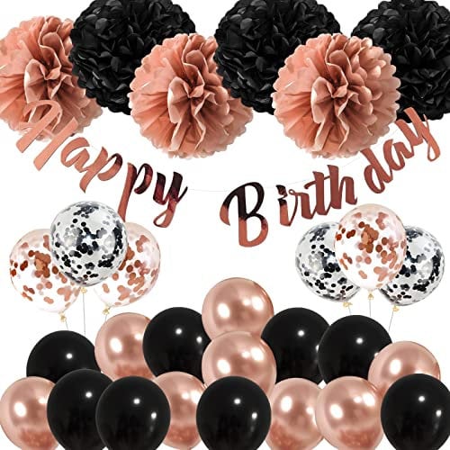 Rose Gold und Schwarz Geburtstagsdekoration, alles Gute zum Geburtstag Ballon Banner, Gewebeblume, Ballons für 16. 18. 21. 30. 50. 60. Geburtstag Party Dekoration Zubehör für Frauen Mädchen