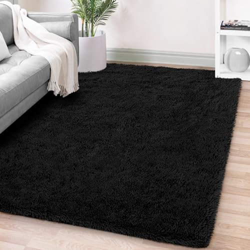 FVVRAX 120x180cm Black Shaggy Rug – Soft Fluffy Area Rug for Living Room & Bedroom, Non-Slip Plush Carpet for Kids, Nursery, Dorm, Machine Washable Large Floor Mat