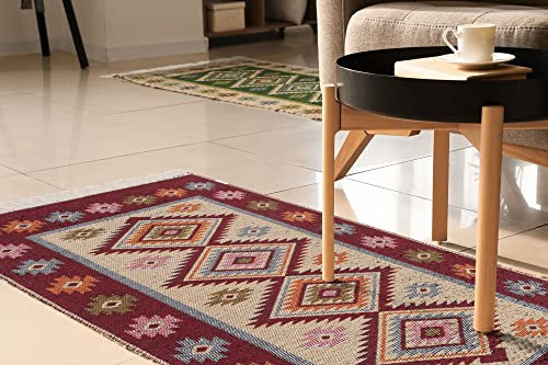 e-floor Teppich für Wohnzimmer Baumwolleteppich | Gewebt | Doppelseitiges Muster | Boho Kelim Teppiche | Teppichläufer | Küchenteppich | Schlafzimmer | Kastanienbraun Rhomboid | 60x120 cm