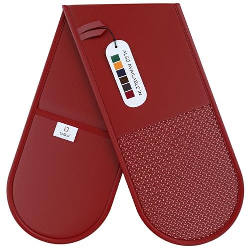 Double Oven Gloves Heat Resistant by Laffair® - Maroon Oven Gloves - Non-Slip Silicone - Modern Oven Mitt & Potholder for Home Cooking - Maximum Heat Protection