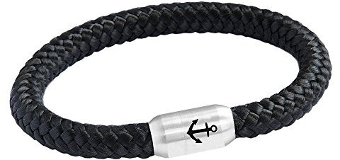 Paris Montana Das Original Anker Gravur Unisex Segeltau Armband Geflochten Handmade Hochwertiger Magnetverschluss 8mm Durchmesser (Schwarz, 21.00 CM)
