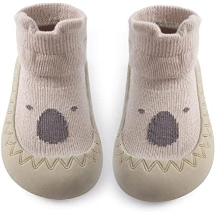 Exemaba Baby Sockenschuhe rutschfeste Niedlicher Cartoon Weicher Stricken Babybodenschuhe Kleinkind Schuhe 1-Paar(Khaki Waschbär,Tag23/18-24 M)