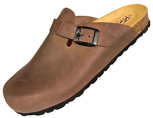 GONKOS®, Lederclogs mit Kork-Einlegesohle, echtes Leder, Naturkork, verstellbare Schnalle am Fuß, Herren-/Damensandalen, Qualitätssandalen, Made in Spain, Farbe Braun, Größe 44