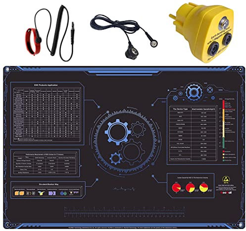 KooMall 24x16 Inch Anti Static Rubber Mat Kit for ESD Sensitive Electronic Device Repair, Soldering Station, PC Building, Assembly,With Grounding Plug Cord, Antistatic Wrist Strap,Heat Resistant,Black