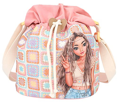 Depesche 12416 TOPModel Hippie Heart - Beuteltasche mit buntem Muster und Model-Motiv, Tasche mit verstellbarem Tragegurt und Schnürr-Verschluss, Mehrfarbig