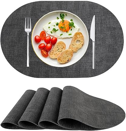 Platzsets Abwaschbar Tischsets 4er Set PU-Leder, Hitzebeständig, rutschfest, Platzset für Esstisch, Küche Oval Schwarz