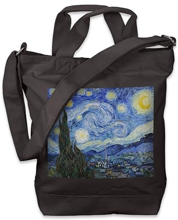 Kiwistar - Einkaufstasche Canvas Tote Bag - Schwarz - Van Gogh Starry Night - Tragetasche bedruckt - Extra Fach für Smartphone & Geldbeutel - lange & kurze Henkel - Shopper