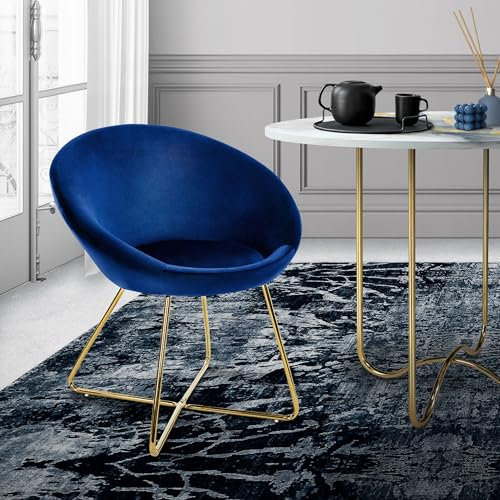 ML-Design Chaise de Salle à Manger en Velours, Bleu, avec Dossier Rond, Assise Rembourrée, Pieds en Métal Doré, Chaise de Maquillage, Moderne, Fauteuil Ergonomique pour Table à Manger, Cuisine, Salon