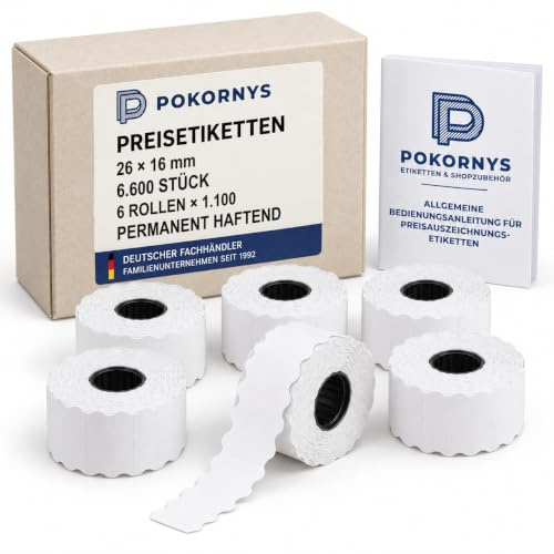Pokornys - Preisetiketten 26 x 16 mm für Preisauszeichner, 6.600 Stück, 6 Rollen à 1.100, weiß, permanent haftend, 2-zeilig, mit Wellenrand