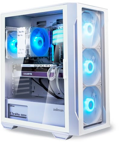 Zalman i3 ARGB Vision, ATX Mid Tower RGB Gaming PC Case, 3 x 140mm & 1 x 120mm ARGB Fans Pre-Installed - Tempered Glass Front & Side Panel, White
