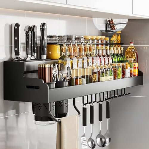 COITROZR Gewürzregal, Küchenregal, für Schranktür, Hängend, Ohne Bohren, zum Kleben, Küchenutensilienhalter mit Haken, Gewürzhalter Organizer, Wand Gewürzregal für Schrank (50cm Schwarz)