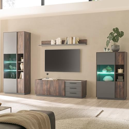 Wohnwand Wohnmöbel Set braun mit anthrazit 4-teilig Modern, 1 Vitrine, 1 Wandboard, 1 Lowboard, 1 Highboard