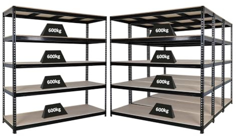 PROREGAL Mega Deal 4X Profi Schwerlastregal Bison, HxBxT 200x180x60cm mit Fachlast 600kg, 5 Fachböden, Schwarz, Steckregal Garagenregal Lagerregal Werkstattregal Weitspannregal
