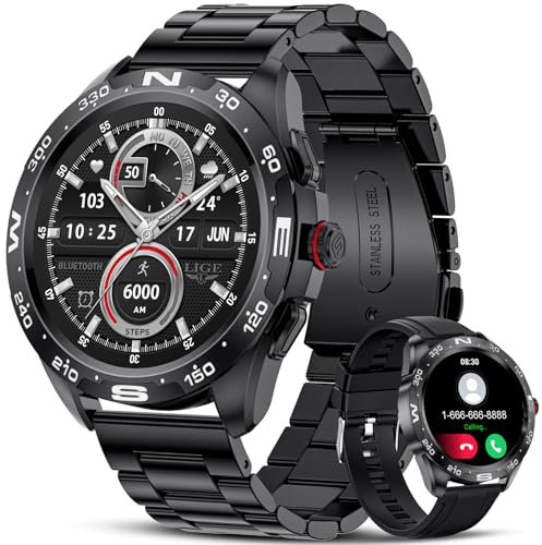 FOXBOX Smartwatch Herren mit Telefonfunktion 1.32'' Smart Watch mit 2 Armbänder, 90 Sportmodi Fitness Tracker mit Schlaftracker Pulsuhr SpO2, IP67 Wasserdicht Schrittzähler für Android iOS Schwarz