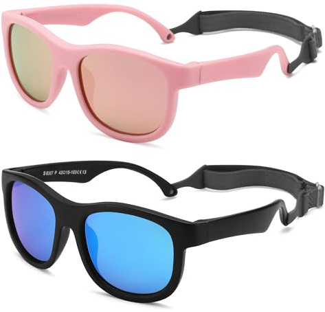 LIU·WEN Cute Polarized Baby Sunglasses with Strap - Flexible Frame for Toddler Newborn Infant 0-24 Months(Pink/Pink Mirrored+Black/Blue Mirrored)