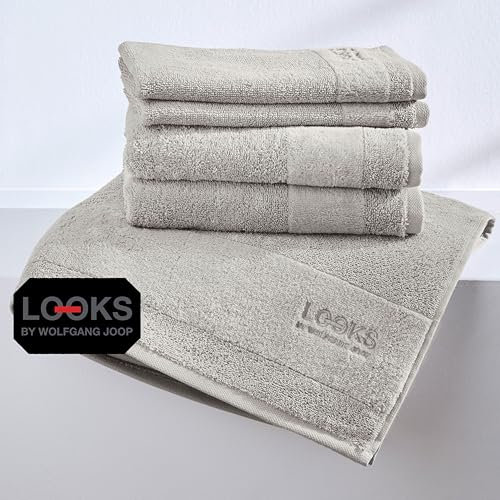 LOOKS by Wolfgang Joop Handtuch Set 5tlg. - 100% Baumwolle, 2 Gästehandtücher + 2 Handtücher + 1 Duschtuch mit Logostick, hellgrau