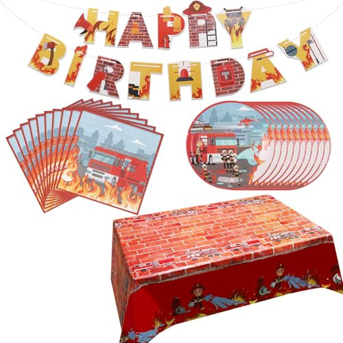 Huiguli Pompier Vaisselle de Fête Assiette Kit, Decoration Anniversaire Pompier avec Bannière Assiettes Nappe Papier Serviette, Anniversaire Party Vaisselle pour Enfants, 10 Personnes