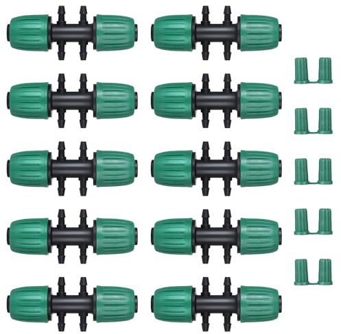10 Stück Gartenbewässerung Barbed Tee Anschluss, 1/2 Zoll bis 4 -Wege 1/4 Zoll Bewässerungsrohr Anti-Drop-Qualitätsfitting Gartenbewässerung Wasser Divider mit 10 Pcs 1/4 Zoll Barb Plug Cap(Grün)