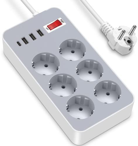 Regleta Enchufe,4 Puertos de USB(3 USB A+1 USB C) y 6 Tomas Regleta Proteccion Sobretension Enchufe Alargador Multiple, para Enchufes Tomas de Corriente en Hogar/Oficina/Tienda (1.8M)