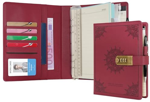 WASON Diary with Lock A5 Binder Ruled Spiral Notebook Journal Planner Portfolio and Refillable Writing Lined Paper Notepad, Pen, Clipboard Organizer For Ideal Business, School & Travel (Red)