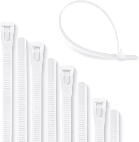 Meccion Wiederverwendbarer Kabelbinder 3.6mm x 200mm Weiß 100 Stück UV-Beständig Starkes Nylon Wiederlösbar Kabelbinder mit 50 kg Zugfestigkeit