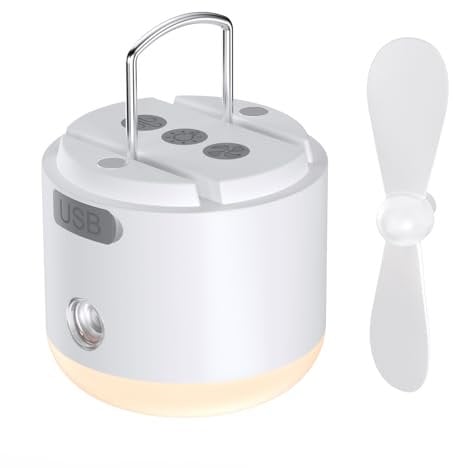 Qoosea 4 in 1 Lanterna da Campeggio con Ventilatore Umidificatore Ricaricabile Ventilatore da Campeggio Multifunzionale 4 Modalità di Luce 2 Modalità di Vento con Gancio di Sospensione uso quotidiano