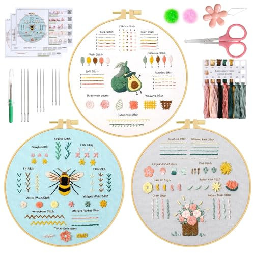 UXORSN 3 Sets Stickset für Anfänger Stickerei Set Sticken Set Erwachsene Lernen 28 Verschiedene Stiche Embroidery Starter Kit Kreuzstich-Kit mit Druckmuster Fäden Nadeln Stickrahmen Videolehrgang