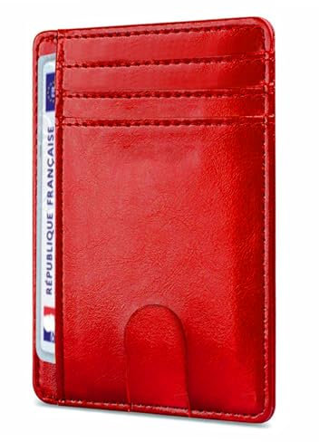 O³ Porte Carte identité française, Portefeuille Carte bancaire Anti piratage, en Cuir | Blocage RFID | Anti fraude, Anti piratage | Élégant et Minimaliste (Rouge)