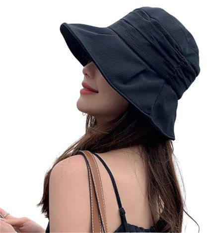 HIQIU Sommer Bucket Hat Damen Sonnenhut mit Breite Krempe und Kinnband - Faltbar Fischerhut Damen Schlapphut für Outdoor Reisen Strand (DE/NL/SE/PL, Alphanumerisch, Einheitsgröße, M, Schwarz)
