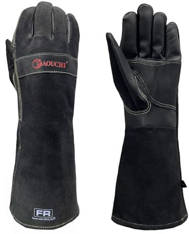AOUCHI Grill-Schweißhandschuhe aus Rindsleder für Damen und Herren, langärmelig, feuerfeste und hitzebeständige Handschuhe für Grill, WIG, MIG, Feuerbekämpfung, Kamin, Ofen, Backen, Herd, Topflappen
