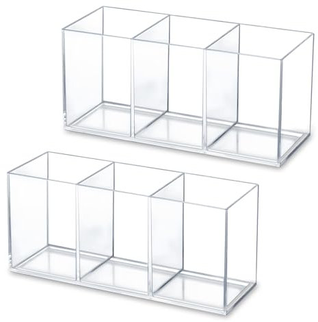 Thatyro 2 Pack Clear Makeup Brush Holder, 3 Compartment Pen Organizer, Acrylic Silverware Caddy for Storage Desk Vanity Pencil Utensil Marker Cutlery (Clear)