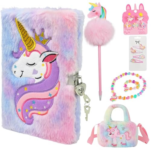 Cyiecw Plüsch Einhorn Tagebuch mit Schloss Mädchen, A5 Einhorn Notizbuch mit 160 Seiten, Geheimes Journal Set mit Einhorn Stift und Kinderschmuck, Einhorn Geschenk für Mädchen ab 3 Jahre