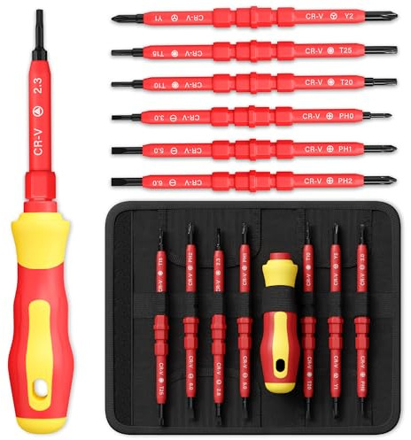 14 Tips Multi Bit Screw Driver Kit - Screwdriver Set for Various Uses, Versatile Head Types (Crosshead, Slotted, 6-Point, Square, Hexagonal), Strong Magnetic Tips and Insulated Cover, Fathers Day Gift