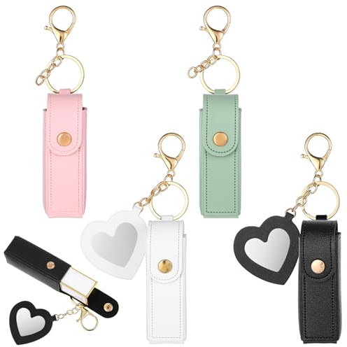 4 Stück Lippenstift Etui Lipgloss Schlüsselanhänger mit Spiegel Lippenbalsam Halter PU Tasche Lippenstift Hülle Leder Tragbarer Beutel für Frauen Reisen Party Auto